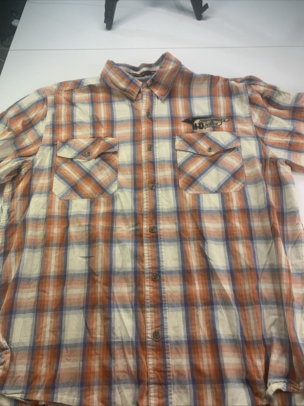 Harley Davidson Orange Plaid Short Sleeve Button Down Shirt Size XL Performance